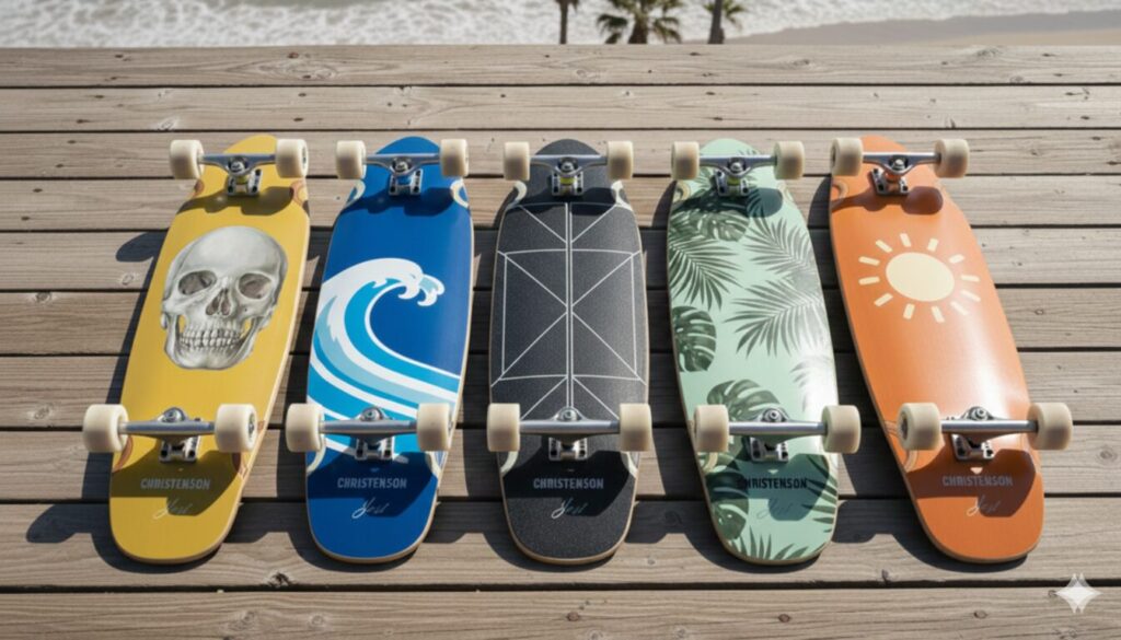 サーフスケートが5本並んでいる